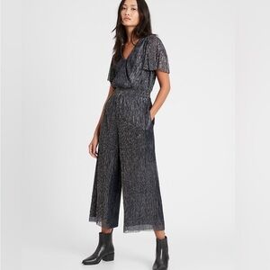 Banana Republic Tall S Navy Silver Metallic Wrap Jumpsuit Wide Leg Glam